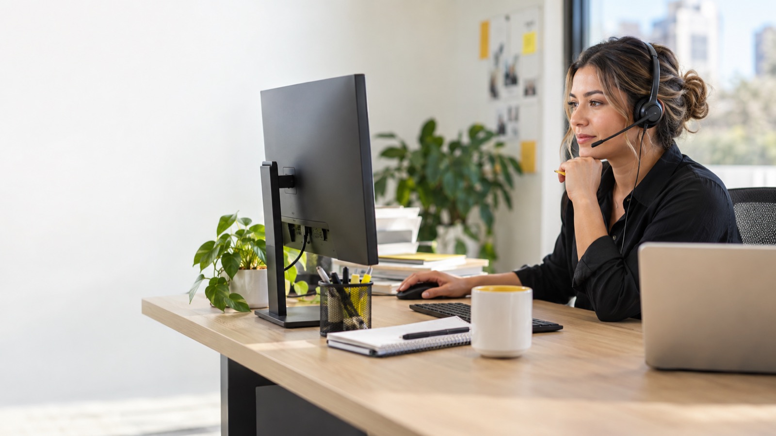 A frontline employee reviewing a customer enquiry at a computer in a contemporary workplace.