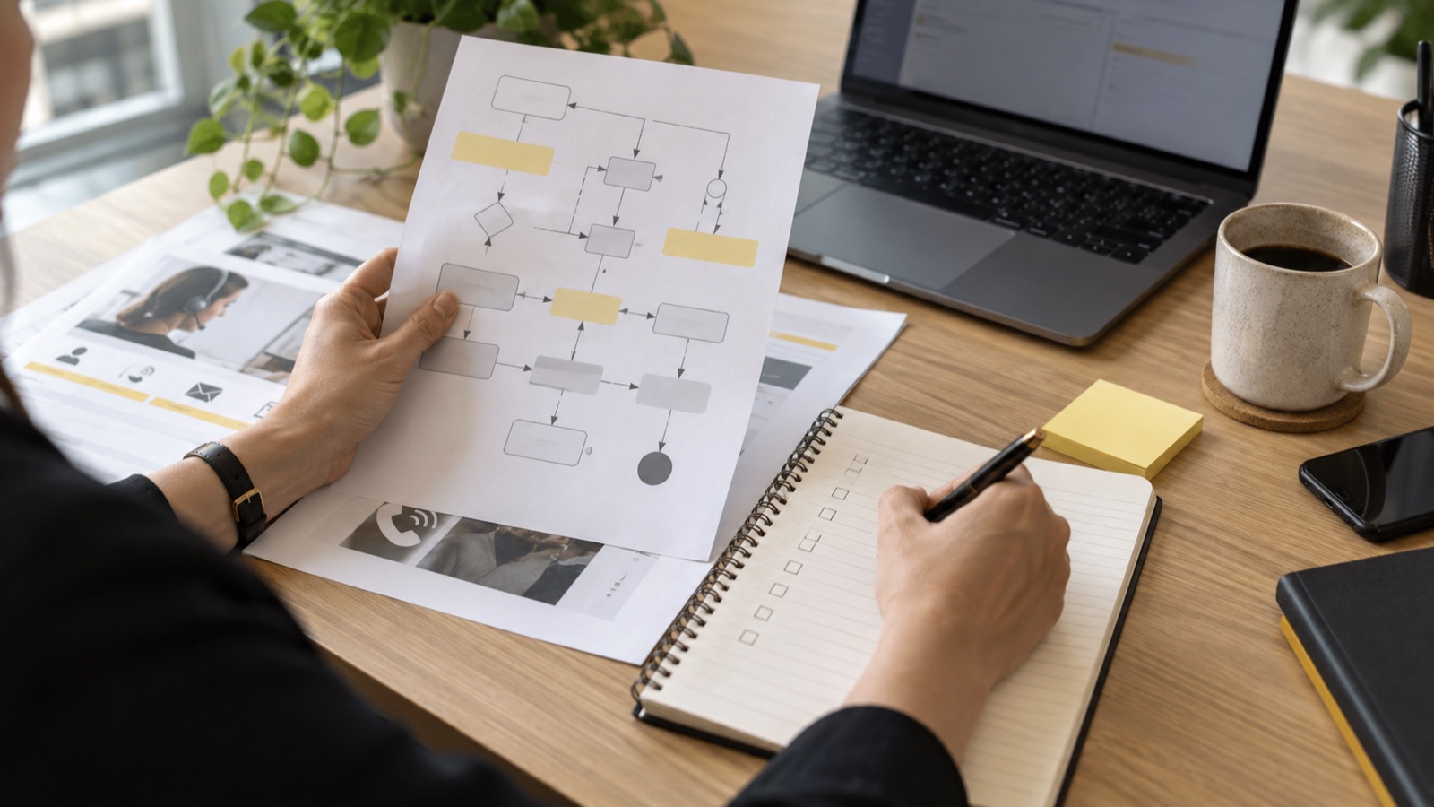 A person translating a customer-service workflow into a structured checklist and operating design.
