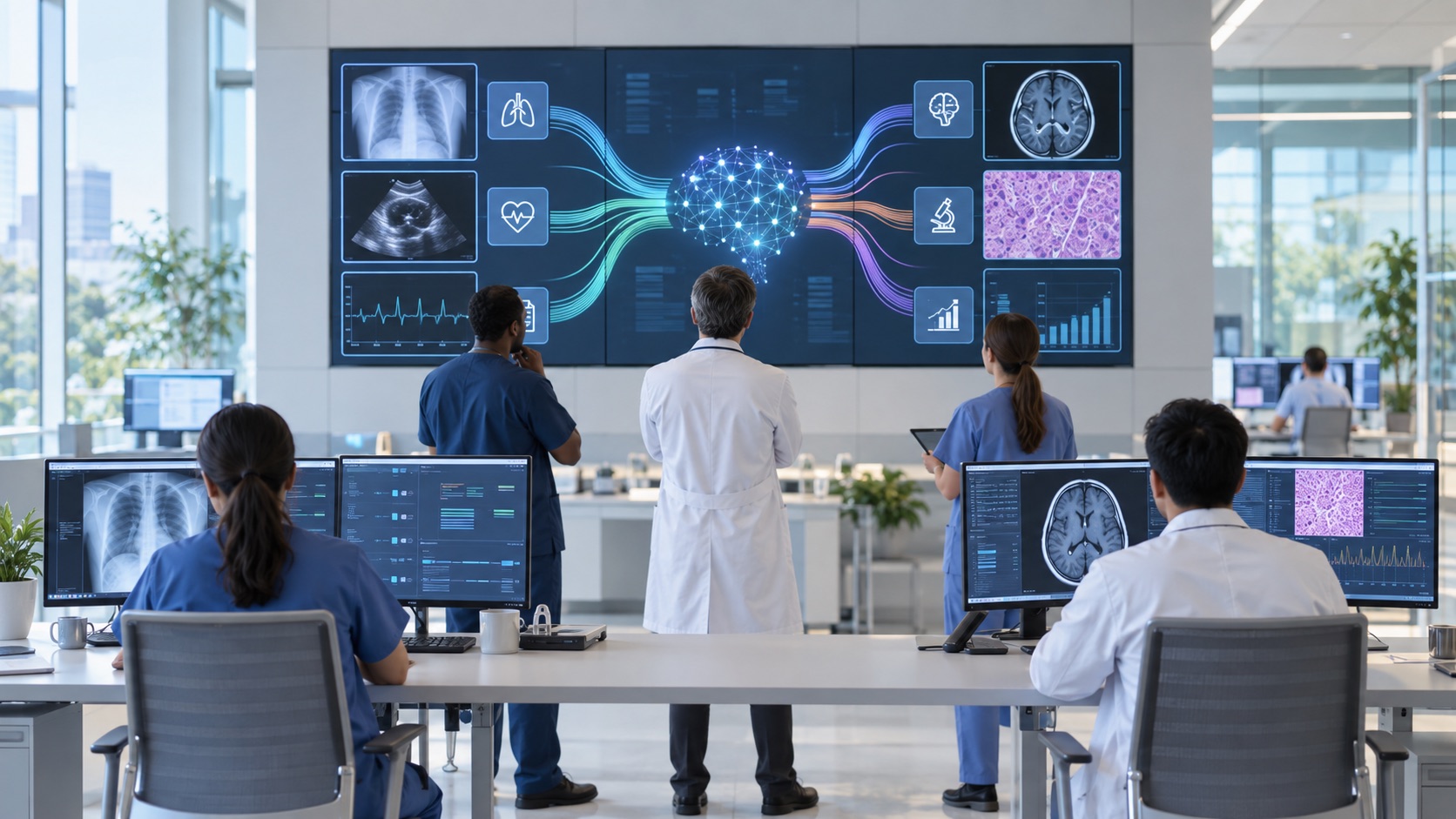 Illustrative clinical team reviewing several specialised information streams through one coordinated workspace.