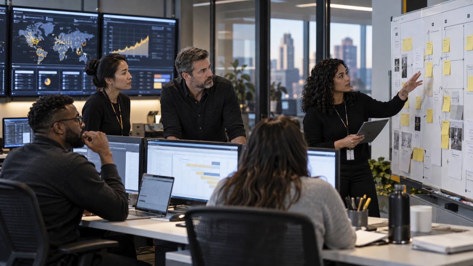 A multidisciplinary team coordinating a complex workflow across shared displays and a process board.