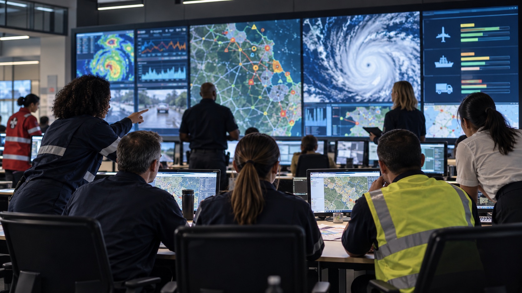 Illustrative emergency coordination team reviewing shared maps, weather information and resource status.