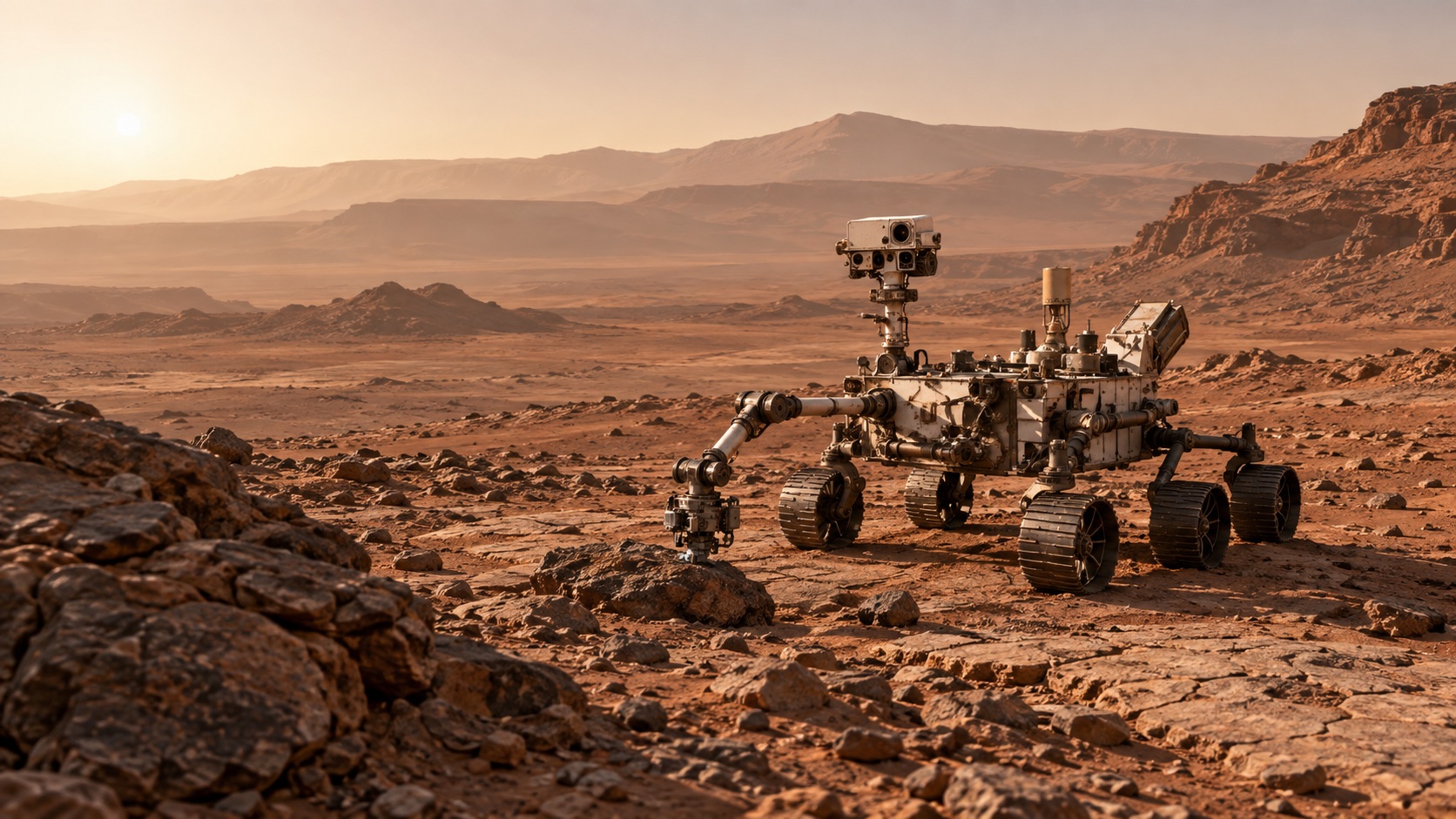 Illustrative Mars rover examining a rocky landscape.