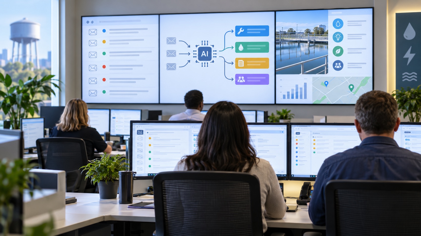 Illustrative utility customer-service team coordinating email triage and approved response guidance.