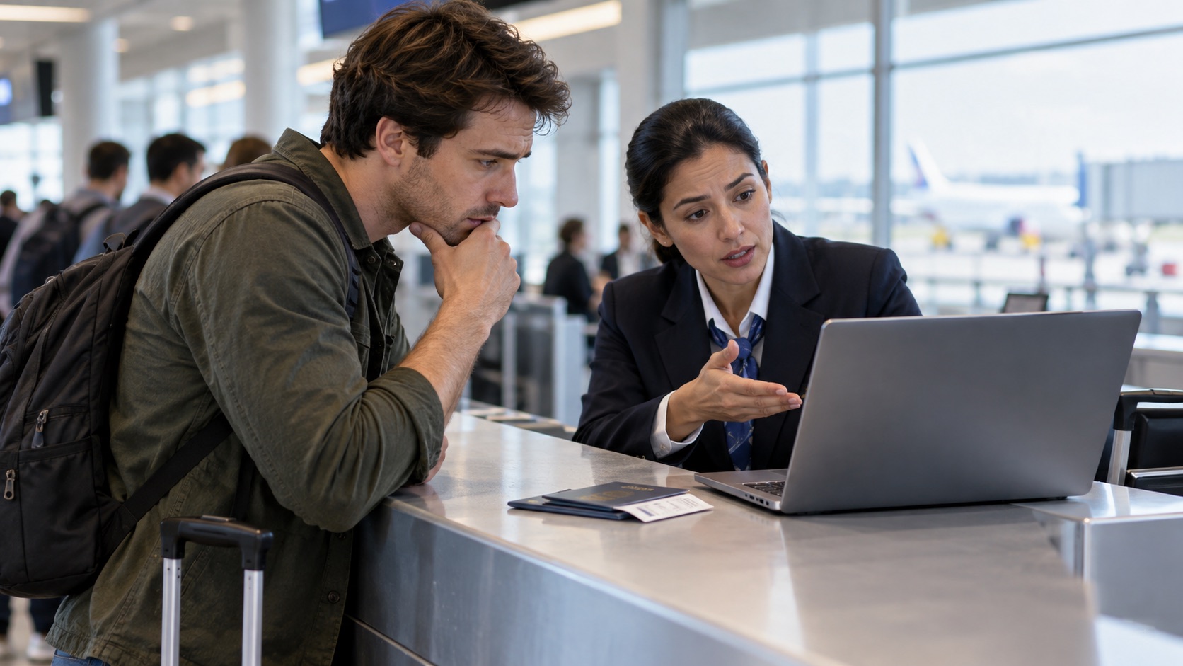 Illustrative airline customer-service employee and traveller reviewing digital policy guidance.