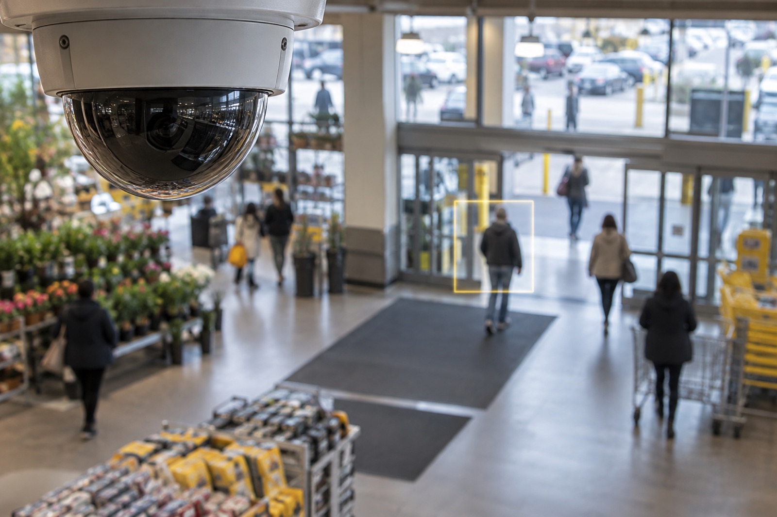 Illustrative view of a ceiling security camera monitoring the entrance to a generic retail store.