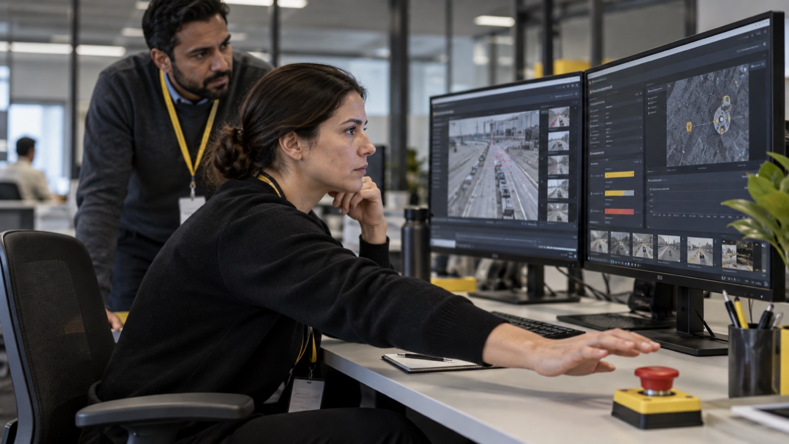 A trained employee examining system evidence while reaching toward a physical stop control as a colleague observes.