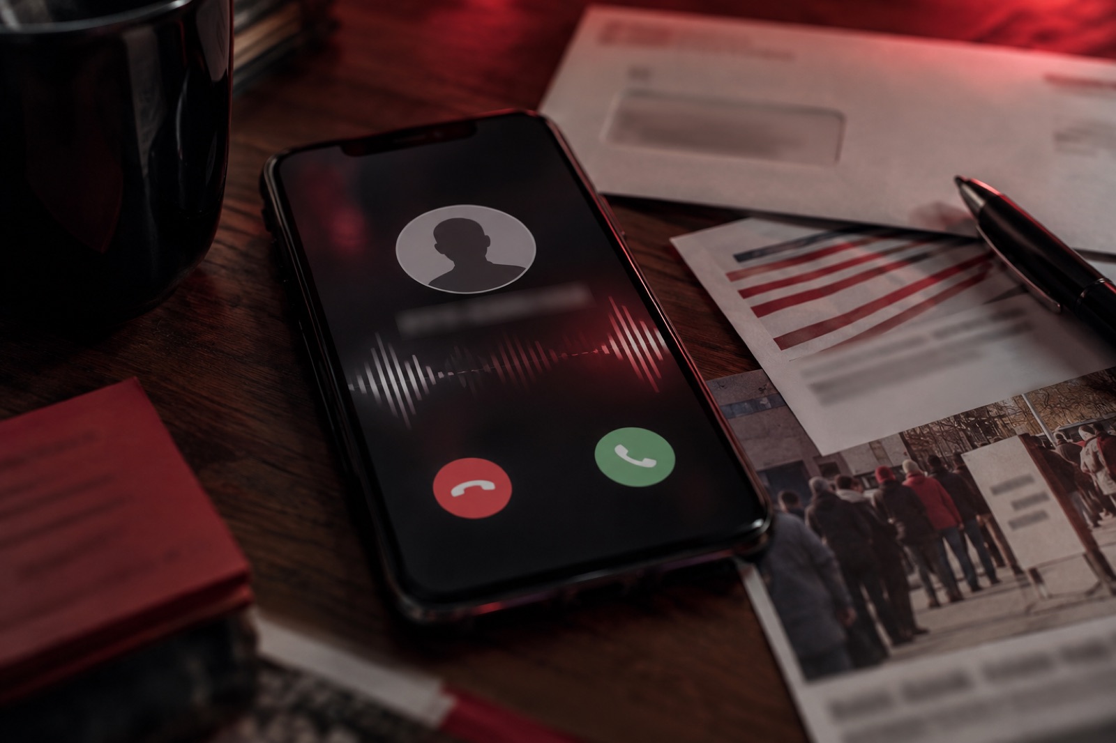 Illustrative close view of a smartphone receiving an unknown call beside election material.