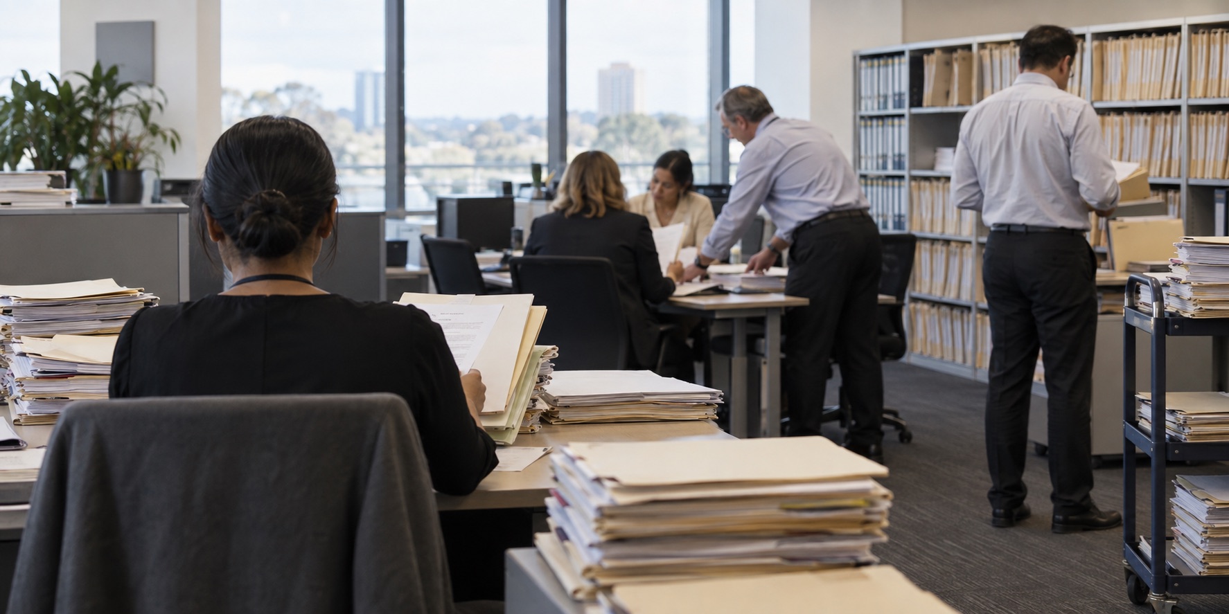 Illustrative public-service team reviewing automated debt calculations and case files without showing personal information.