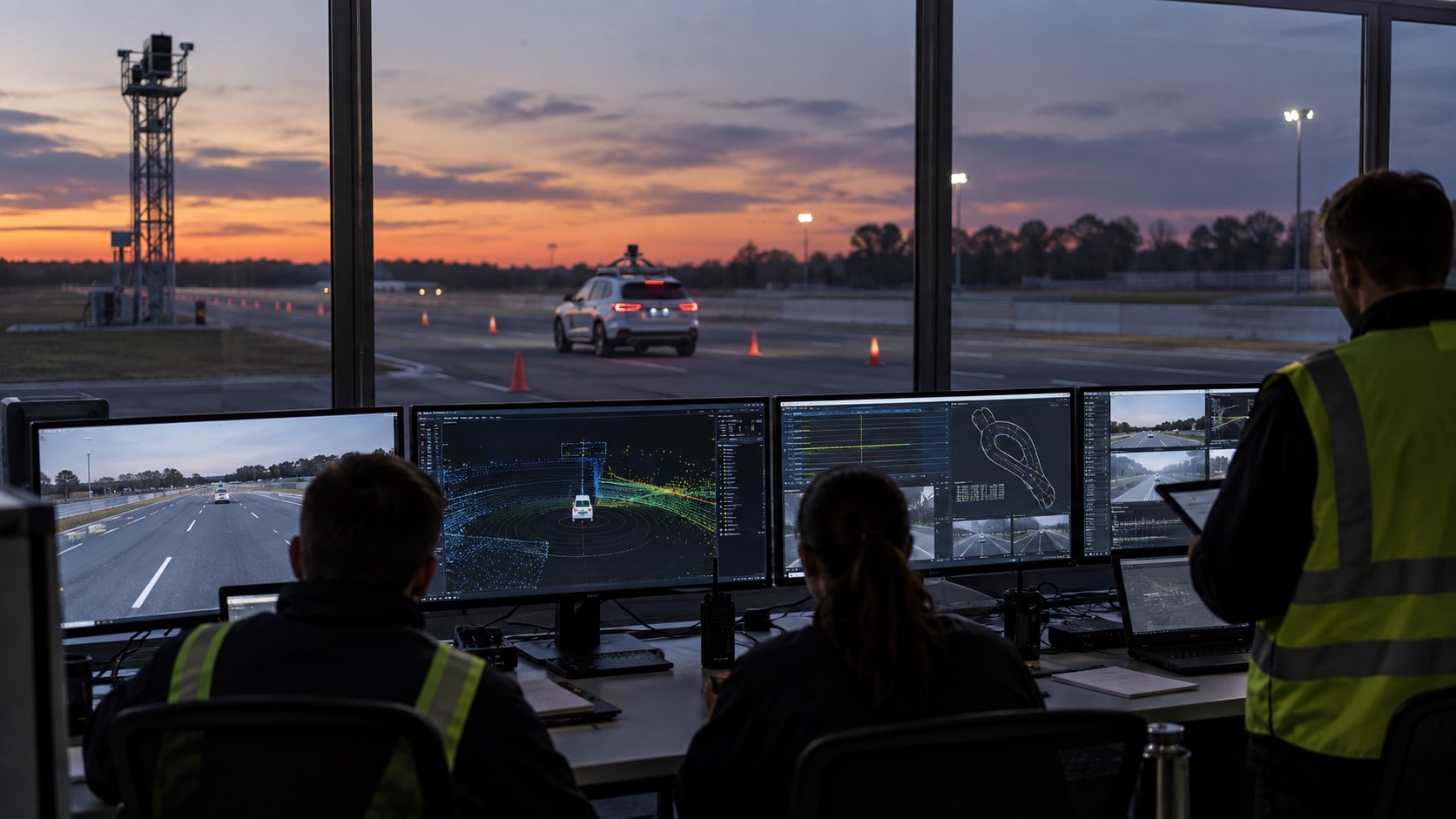 Illustrative automated-vehicle testing control room monitoring a test vehicle on a closed road.