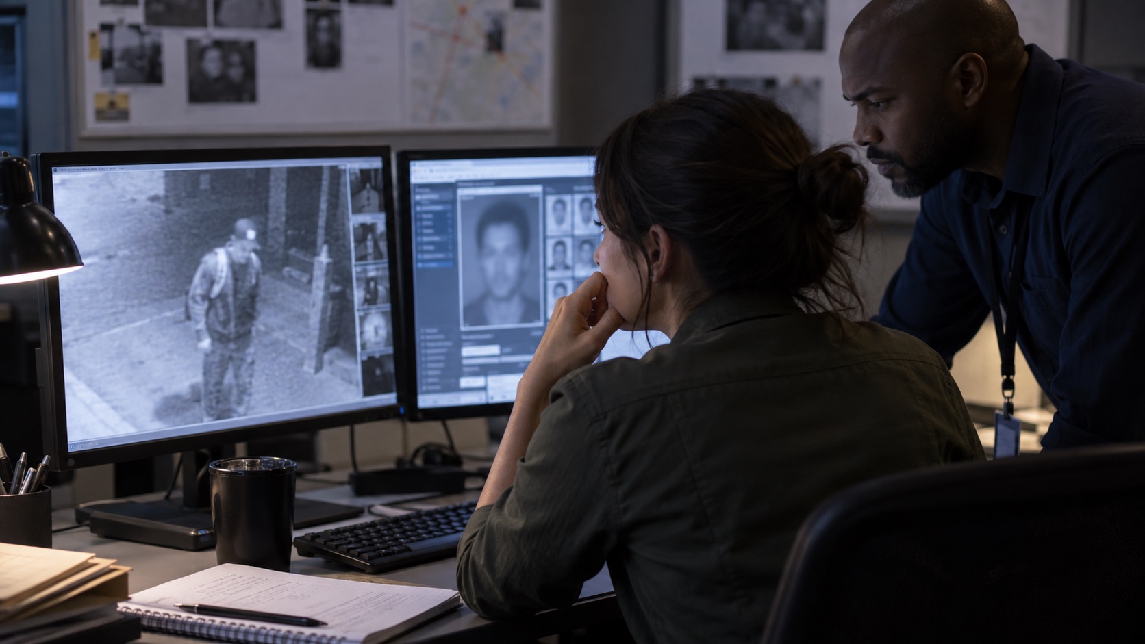Illustrative evidence-review setting with analysts comparing a poor-quality surveillance image and an uncertain facial-recognition match.